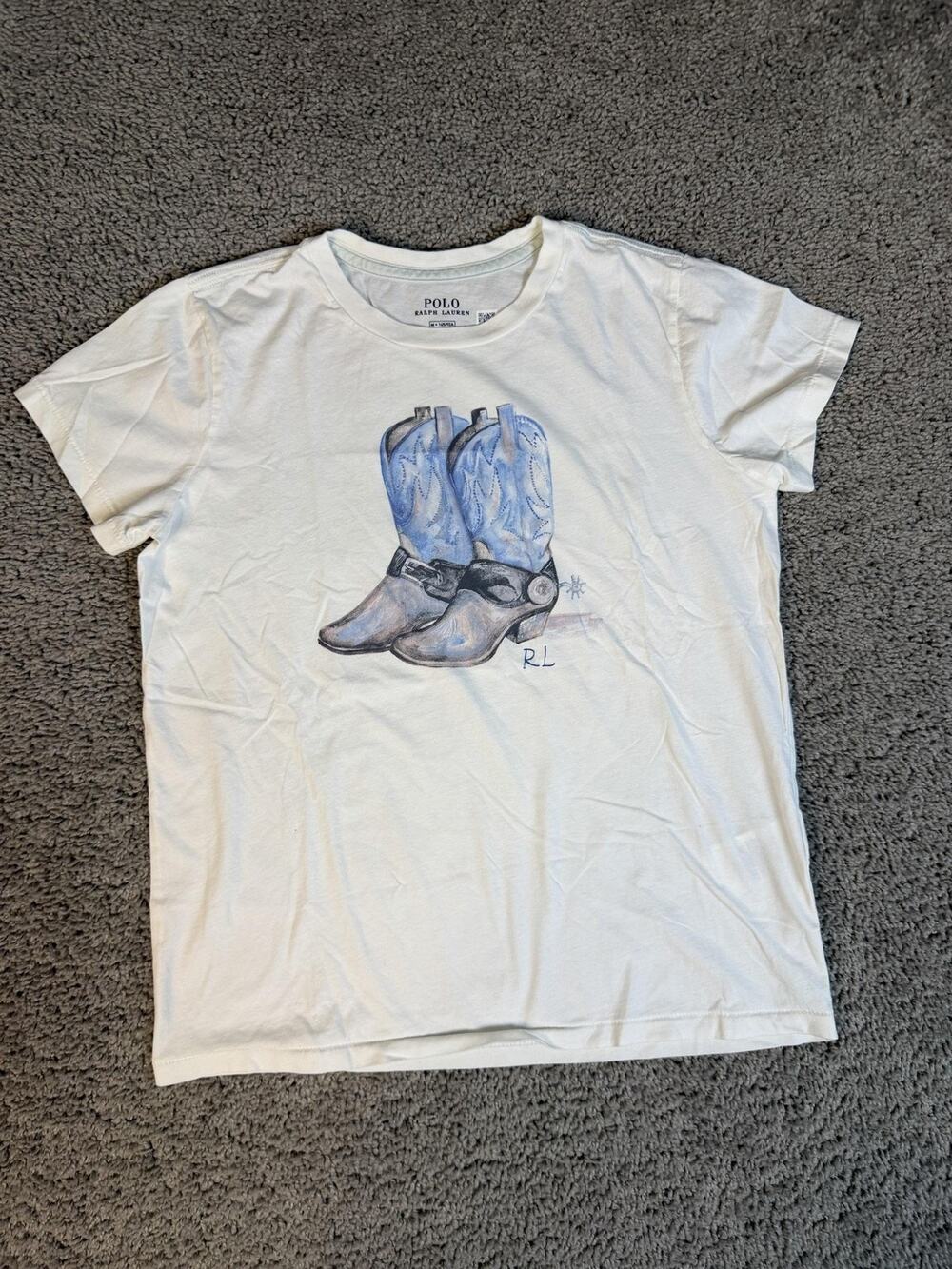 Polo Ralph Lauren Shirt Womens M White Cowboy Boots Graphic Crew Neck Cotton